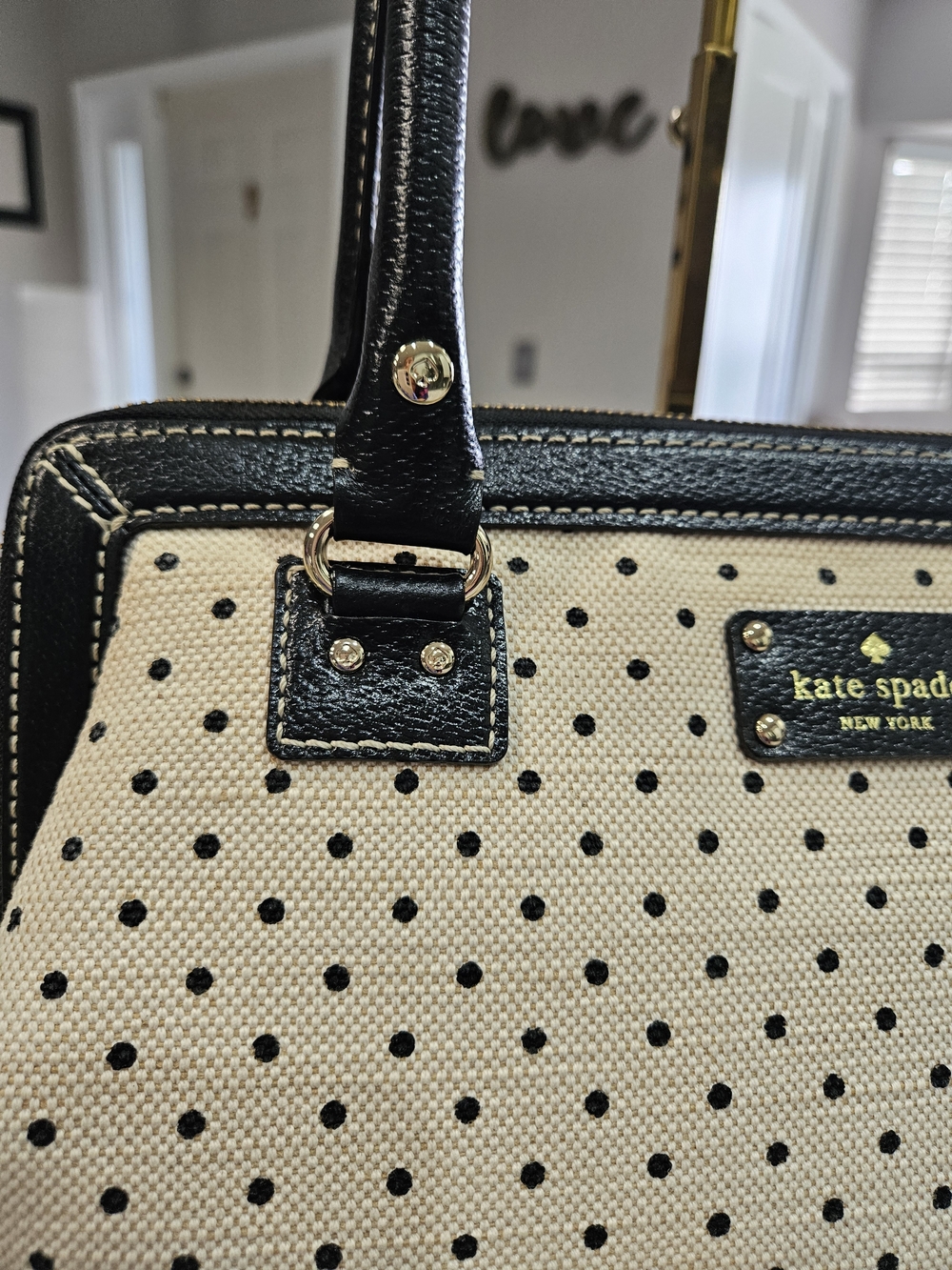 Kate Spade NY Black & White Polka Dot Canvas Satchel | Top Handle Bag-Large - Picture 14 of 17